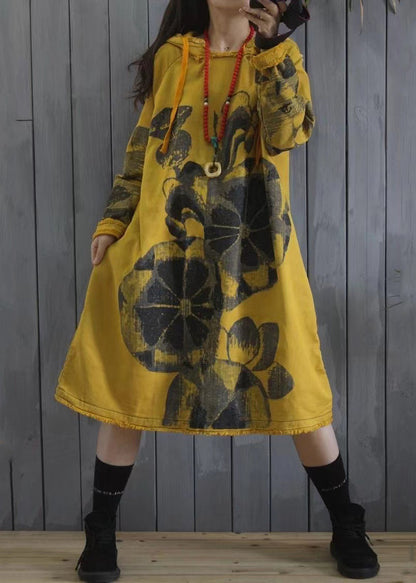 Purple Hooded Print Patchwork Cotton Dress Spring