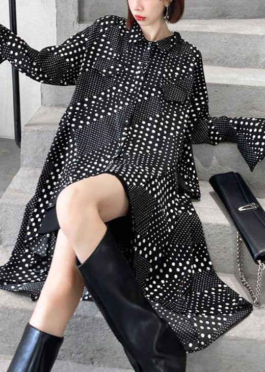 Diy Black Dot Asymmetrical Design Print Fall Shirts Long Sleeve Dress