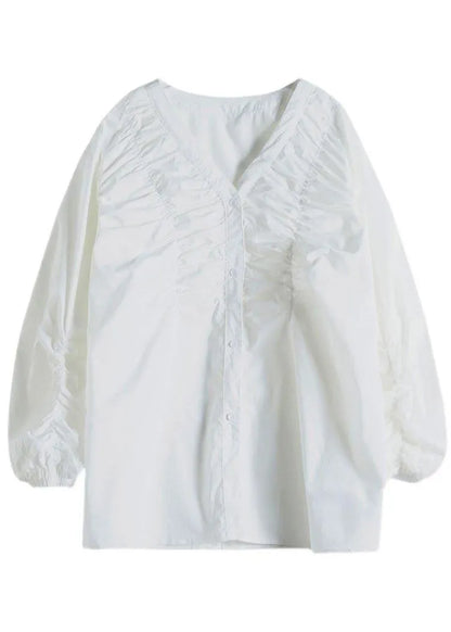 Boutique White V Neck Button Fall Long Sleeve Blouse Top