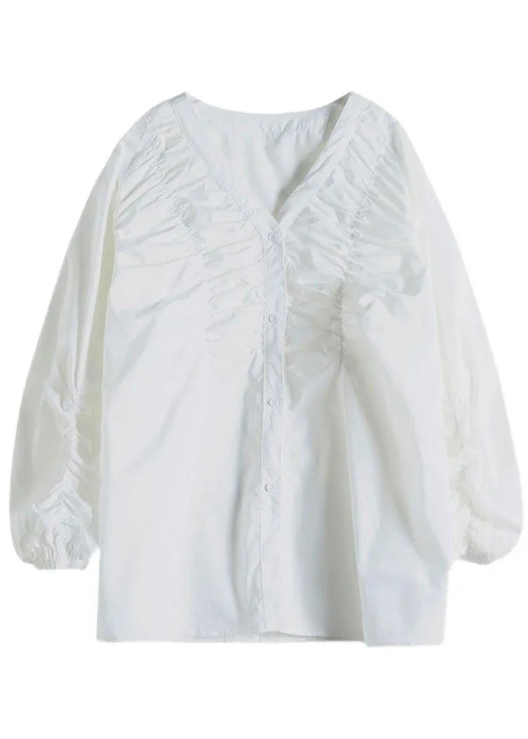 Boutique White V Neck Button Fall Long Sleeve Blouse Top