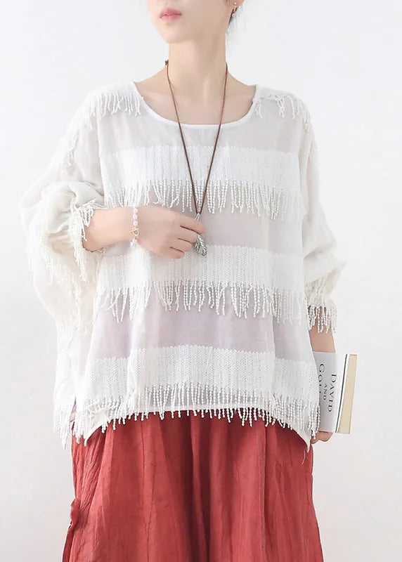 White Cotton Pullover Tops Tassel Side Open Lantern Sleeve