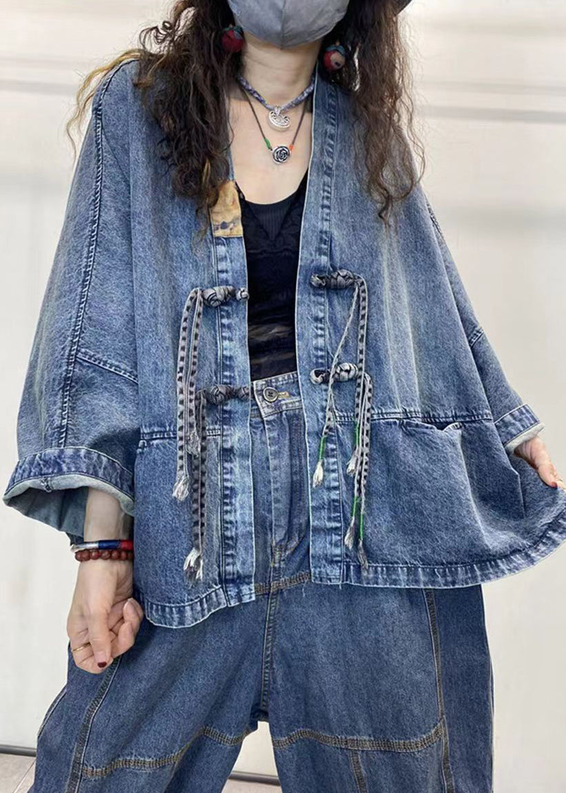 Loose Blue V Neck Button Patchwork Denim Coats Long Sleeve Spring