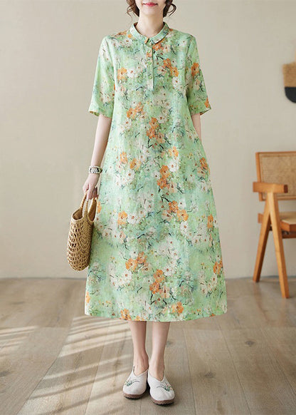 Green Peter Pan Collar Print Cotton Long Dresses Summer