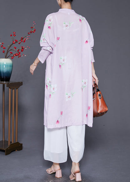 Light Purple Print Chinese Button Linen Shirt Dress Fall