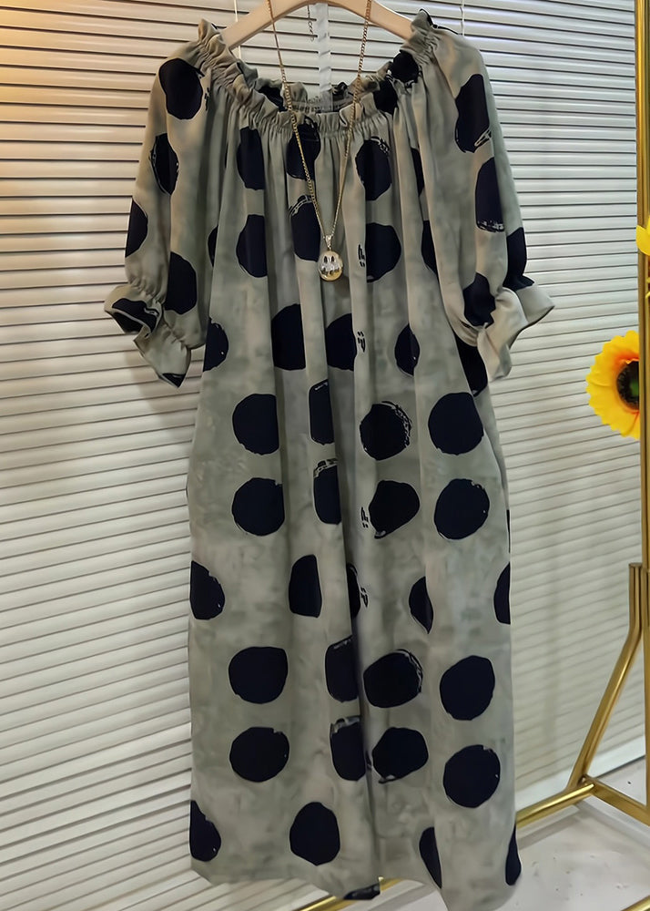 French Khaki Ruffled Dot Cotton Dress Butterfly Sleeve Summer