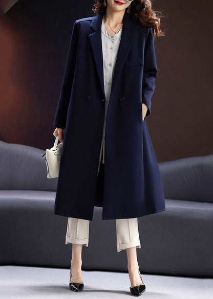 Blue Notched Button Pockets Long Coats Fall