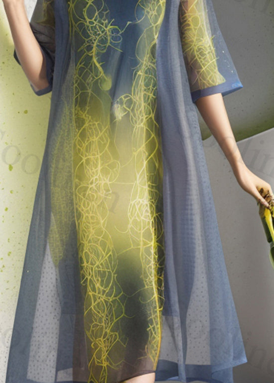Organic Colorblock O Neck Print Silk Dress Summer