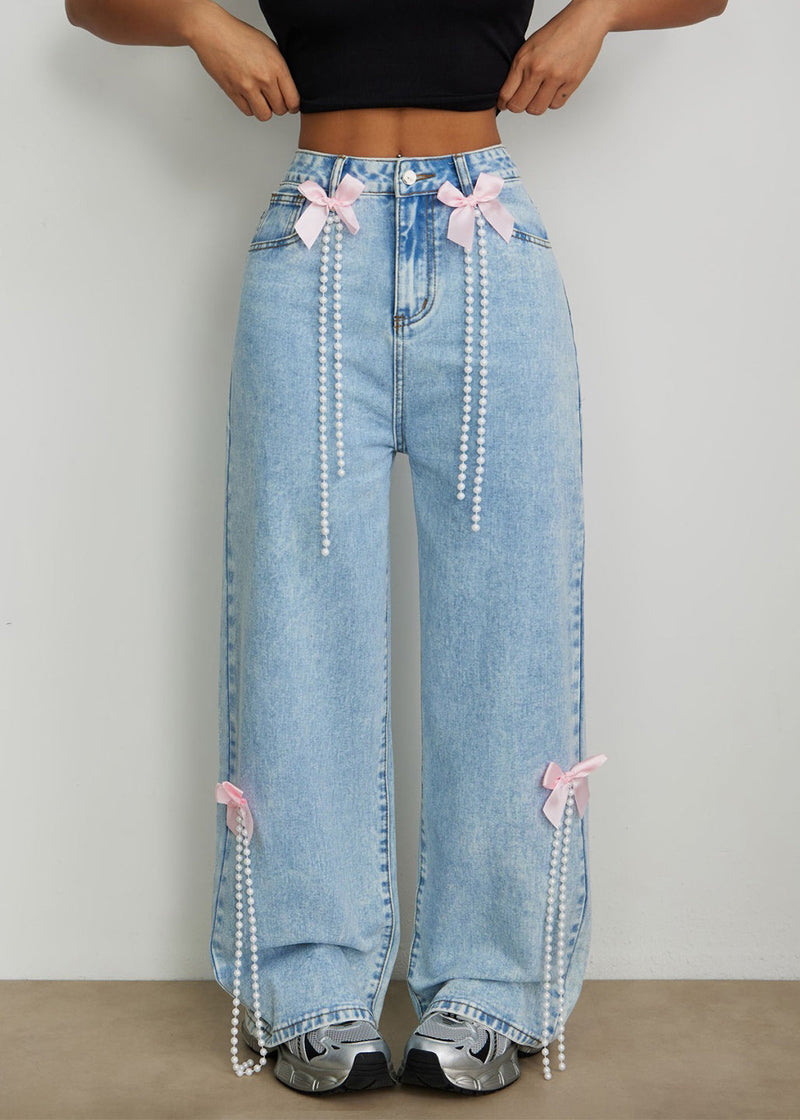Blue High Waist Bow Pearl Tassel Wide Leg Jeans