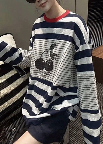 Striped Print Patchwork Cotton T Shirt Tops Fall