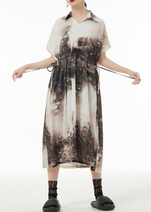 Peter Pan Collar Tie Dyetie Waist Patchwork Silk Long Dresses Summer
