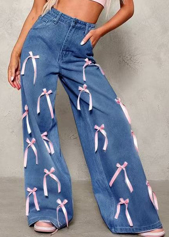Blue Pockets Patchwork Bow Wide Leg Jeans