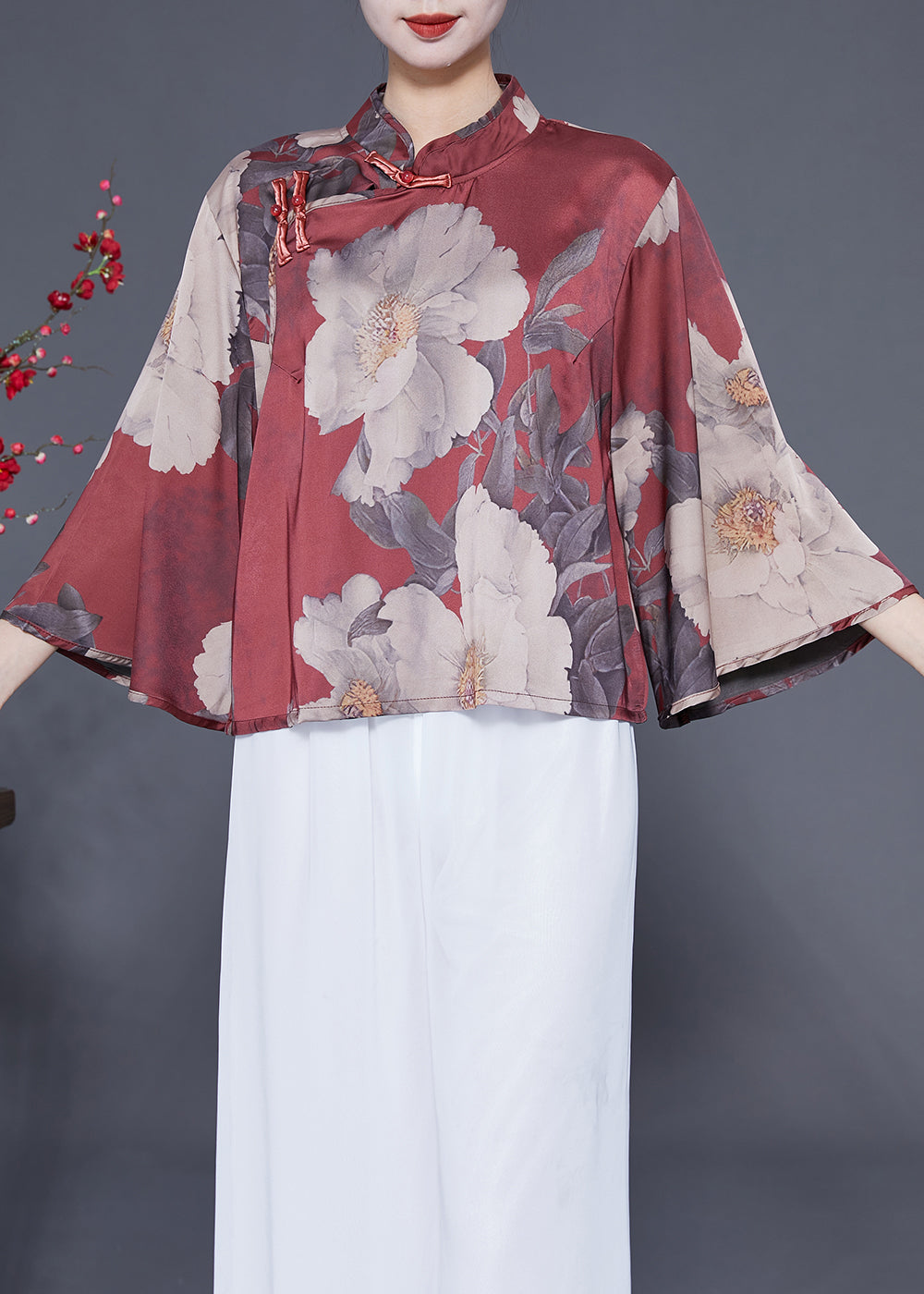 Brick Red Stand Collar Print Chinese Button Silk Shirt Flare Sleeve