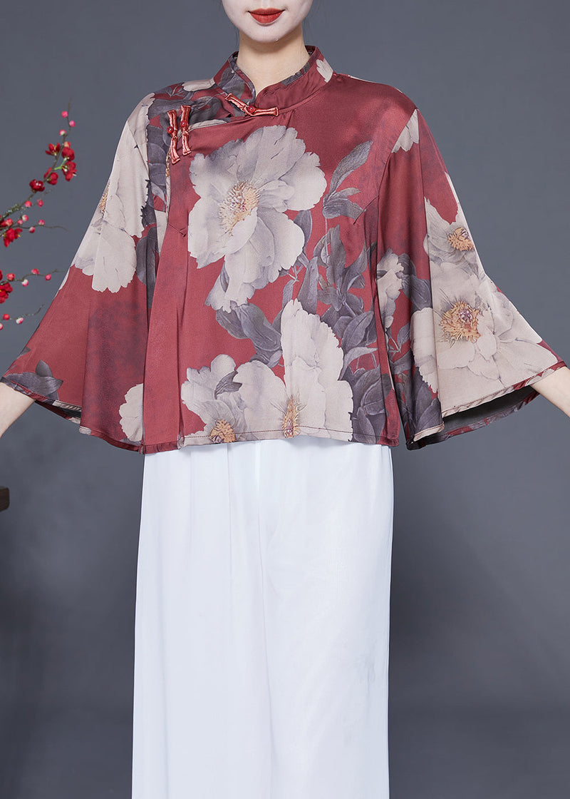 Brick Red Stand Collar Print Chinese Button Silk Shirt Flare Sleeve