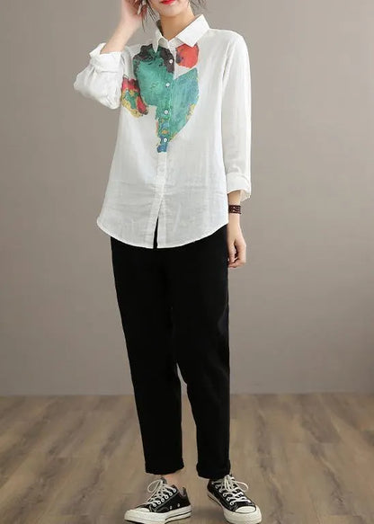 Modern Green Print Blouse Lapel Cinched Tunic Spring Shirts