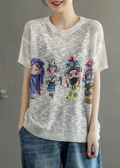Italian White O-neck Print Summer Hollow Out Short Sleeve