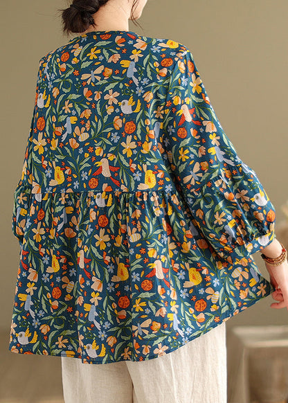 Green Print Patchwork Wrinkled Tops Fall
