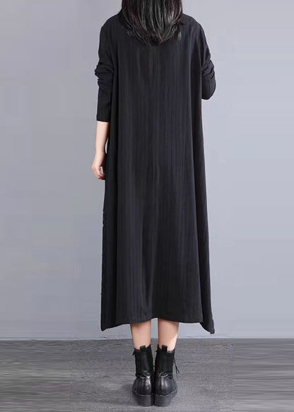 Black Stand Collar Button Patchwork Cotton Dress Fall