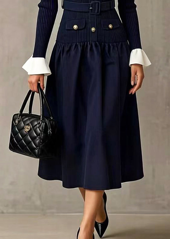 Navy Patchwork Knit Tunic Dresses Flare Sleeve
