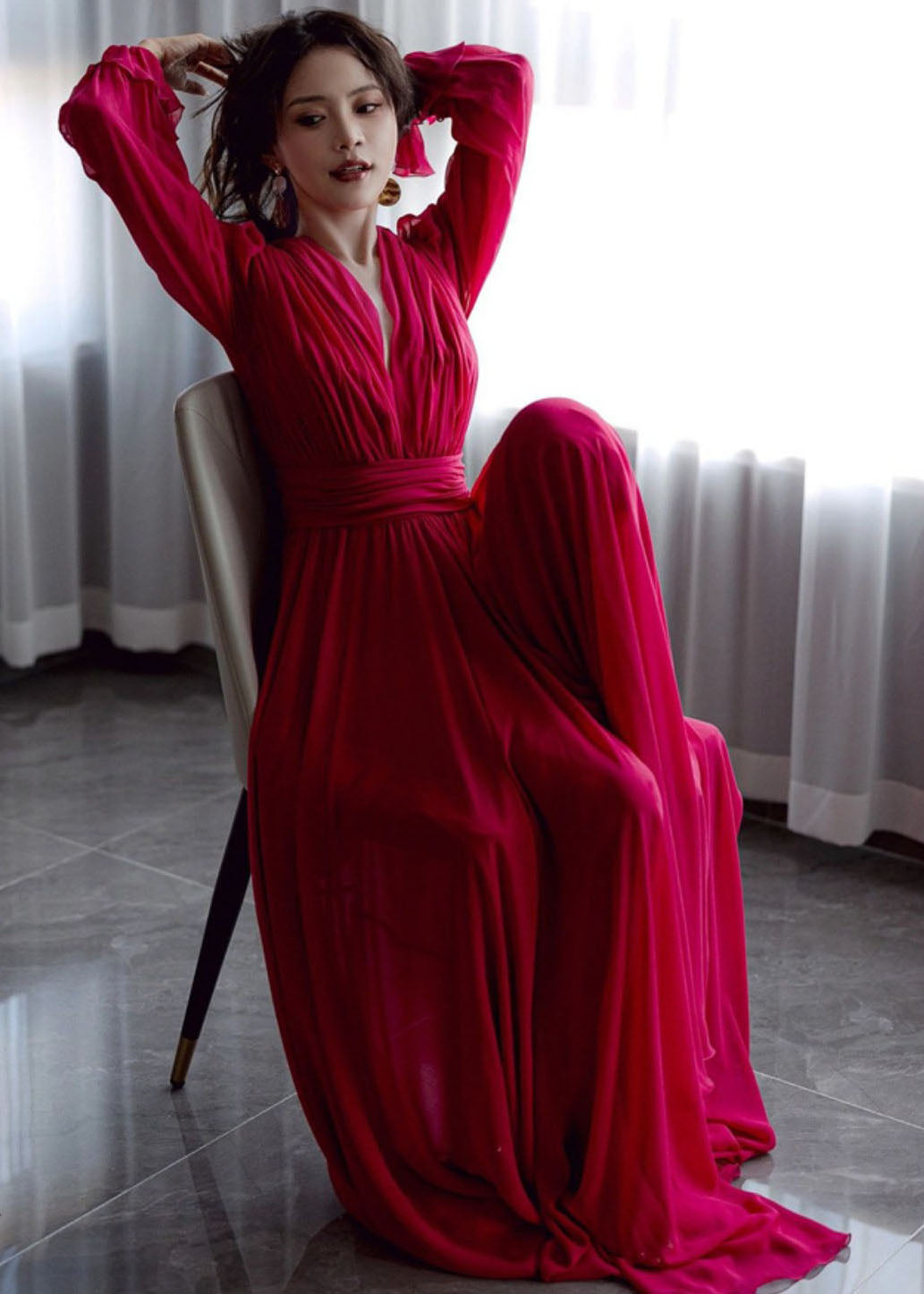 Red V Neck Patchwork Slim Silk Maxi Dresses Fall