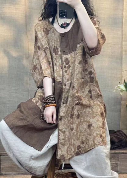 Coffee O-neck Print Patchwork Patch Shirt Bracelet Sleeve