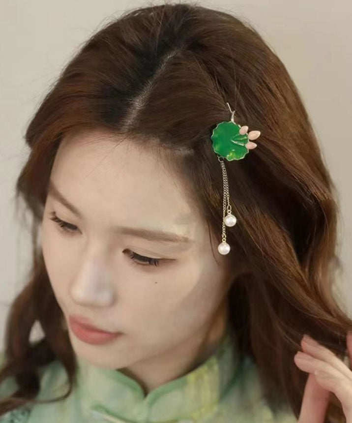 Green Sterling Silver Alloy Pearl Lotus Leaves Hairpin