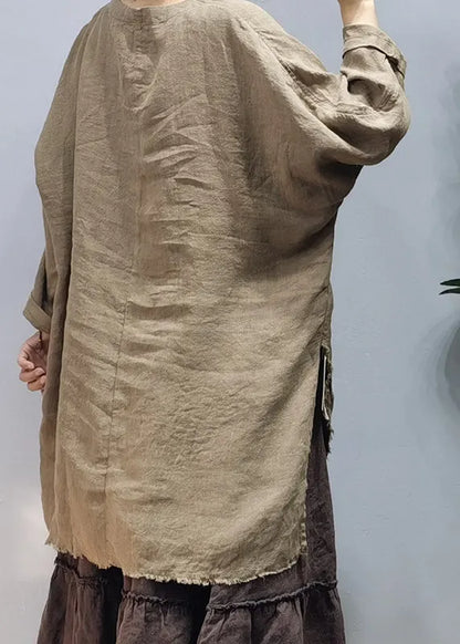 Orange V Neck Side Open Patchwork Linen Tops Spring