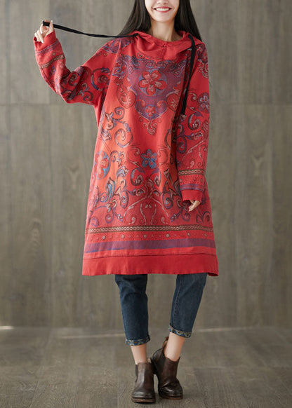 Red Print Sweatshirt Dresses Drawstring Spring