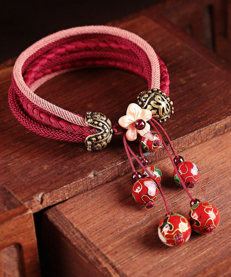 Red Hand Knitting Alloy Cloisonne Shell Flower Charm Bracelet