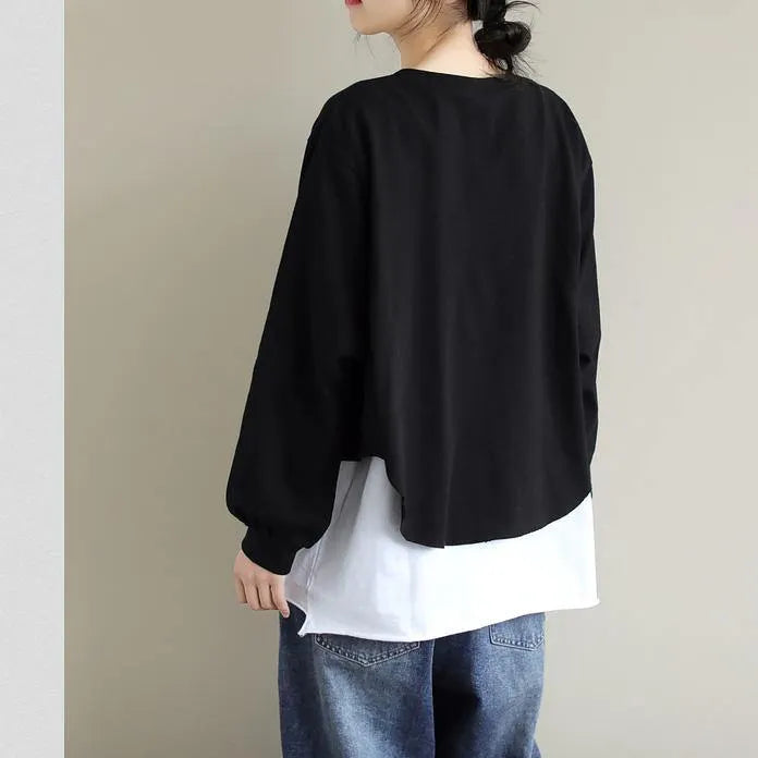 French Patchwork Cotton Springblouse Neckline Black Shirts