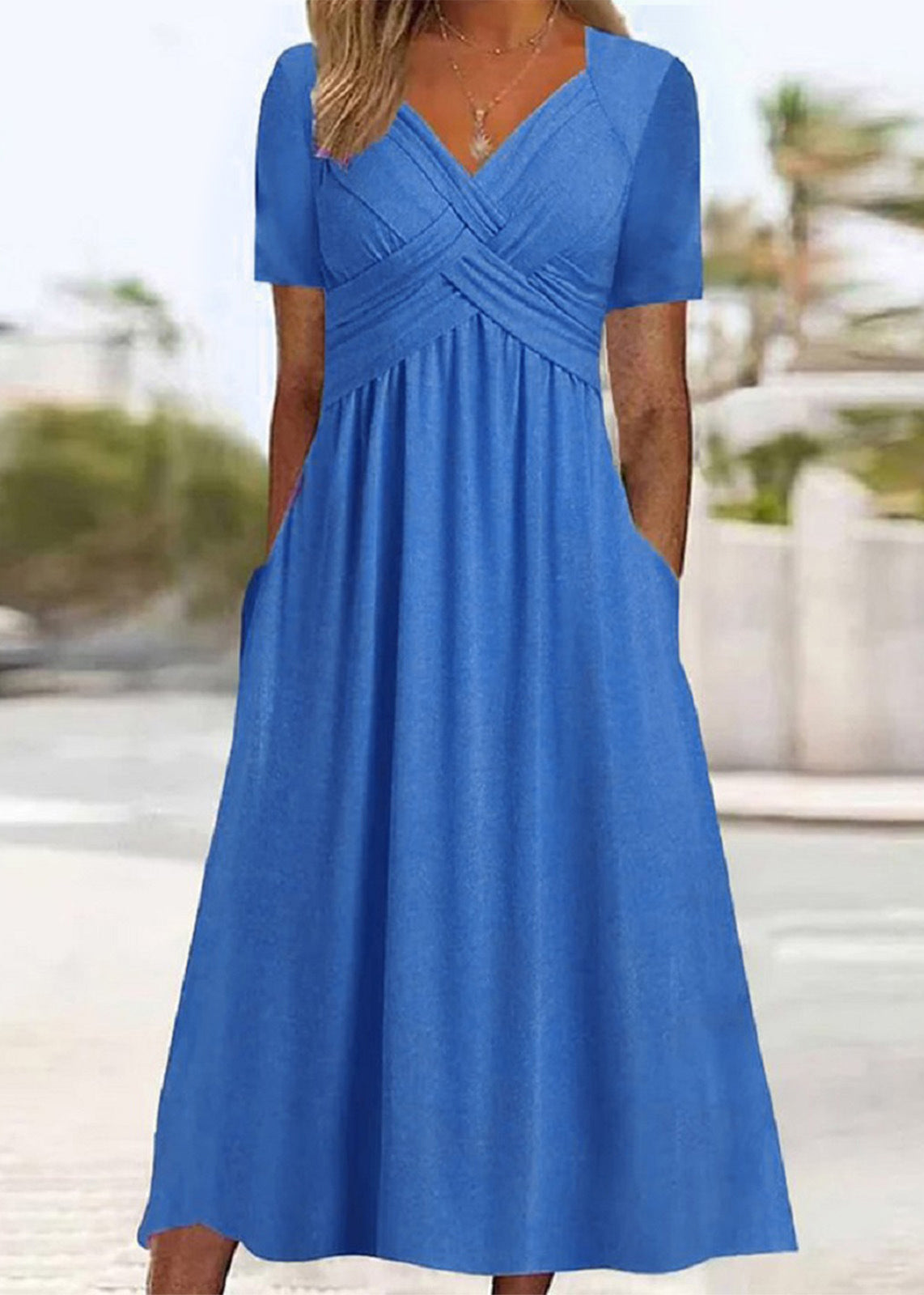 New Green V Neck Pockets Cotton Long Dress Summer