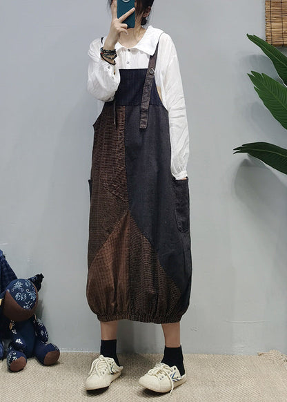 Style Colorblock Pockets Patchwork Plaid Cotton Strap Dress Summer