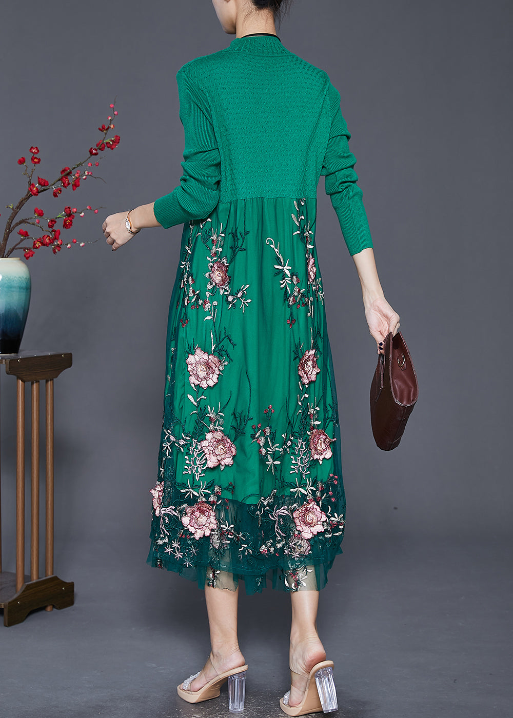 Green Patchwork Tulle Knit Dress Embroideried Fall