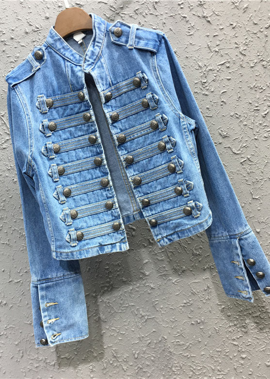 Light Blue Stand Collar Patchwork Button Jacket Fall
