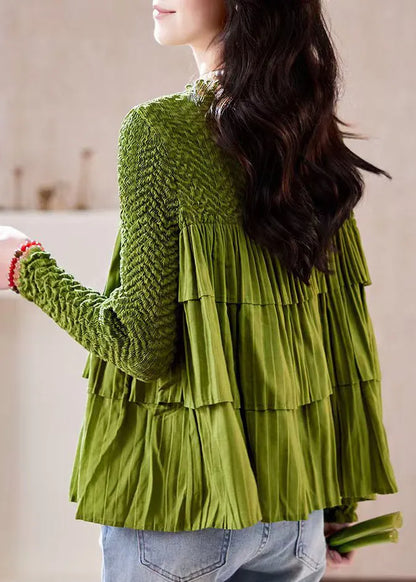 Green O Neck Wrinkled Patchwork Chiffon Top Long Sleeve
