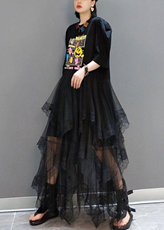 Black O-neck Print Half Sleeve Fall Dresses