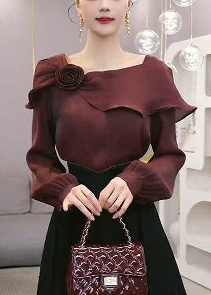 Stylish Wine Red Ruffled Chiffon Blouses Spring