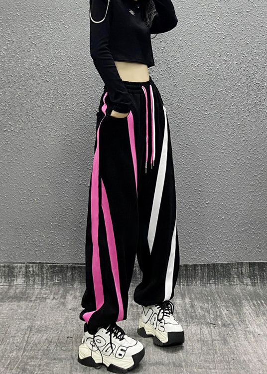 Black Pockets Patchwork Warm Fleece Sport Pants Winter