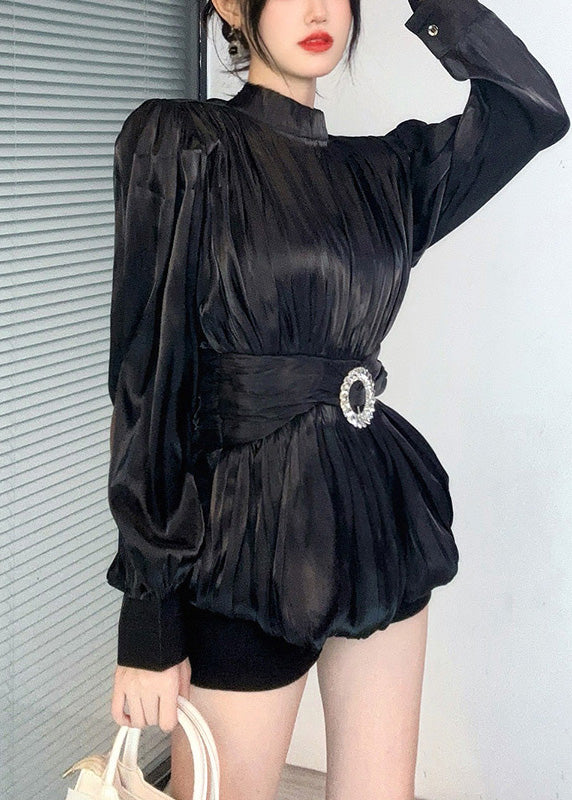 Rose Stand Collar Wrinkled Silk Top Lantern Sleeve