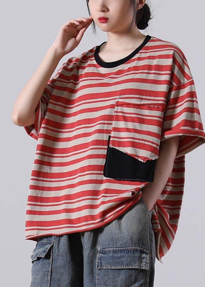 Stylish Red Striped O-neck Cotton Summer Tops
