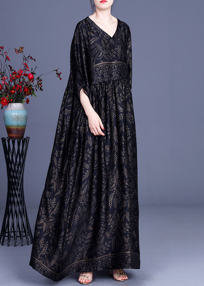 Style Black Print Silk Party Long Dresses Spring
