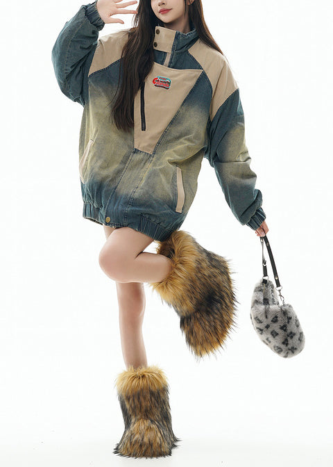 Denim Blue Stand Collar Patchwork Fine Cotton Filled Coats Winter