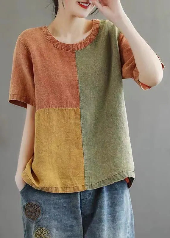 Khaki O Neck Patchwork Cotton Top Short Sleeve
