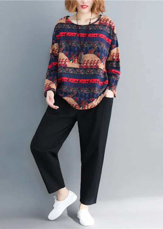Navy Print Cotton Loose Tops O-neck Long Sleeve