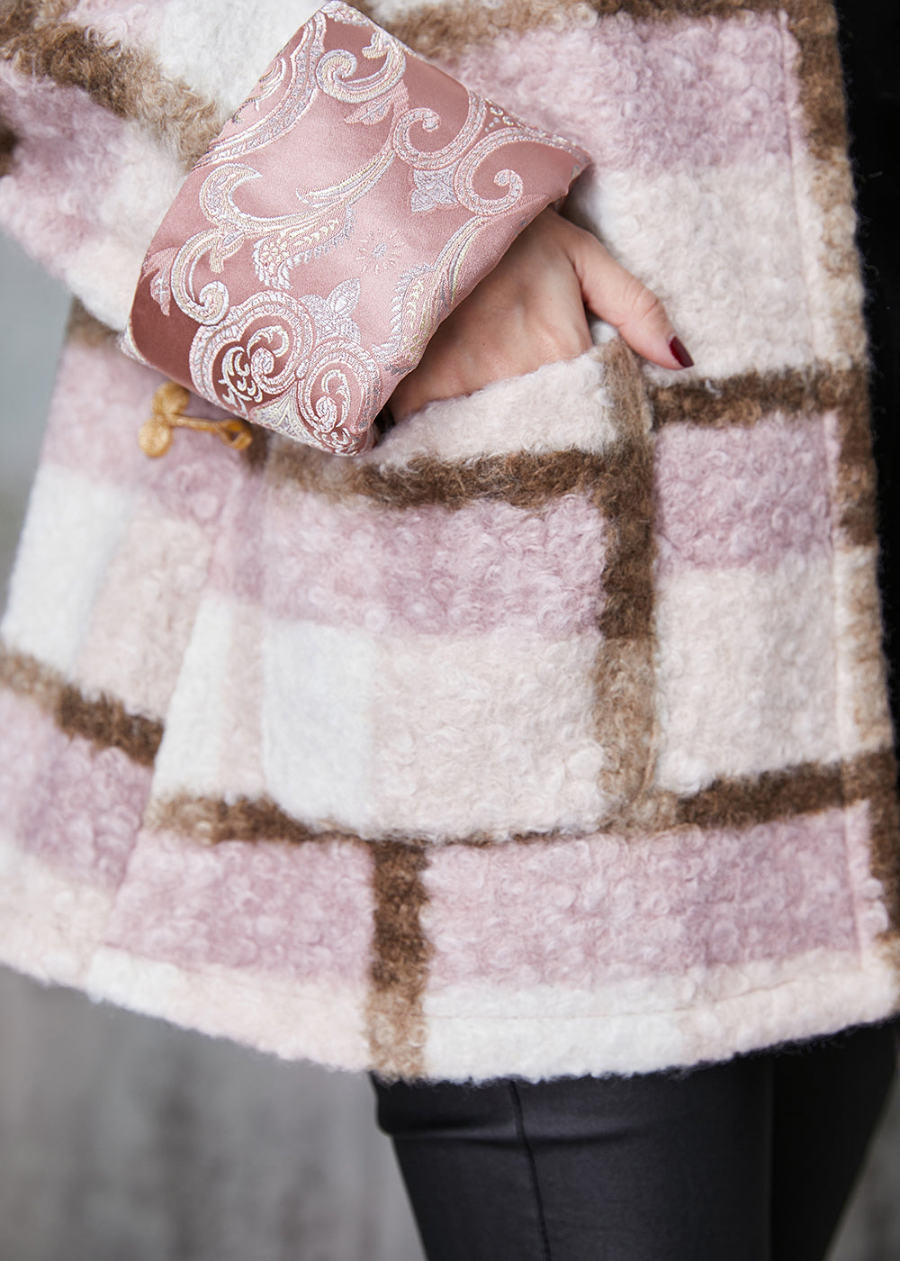Pink Plaid Fine Cotton Filled Woolen Chinese Style Coats Spring