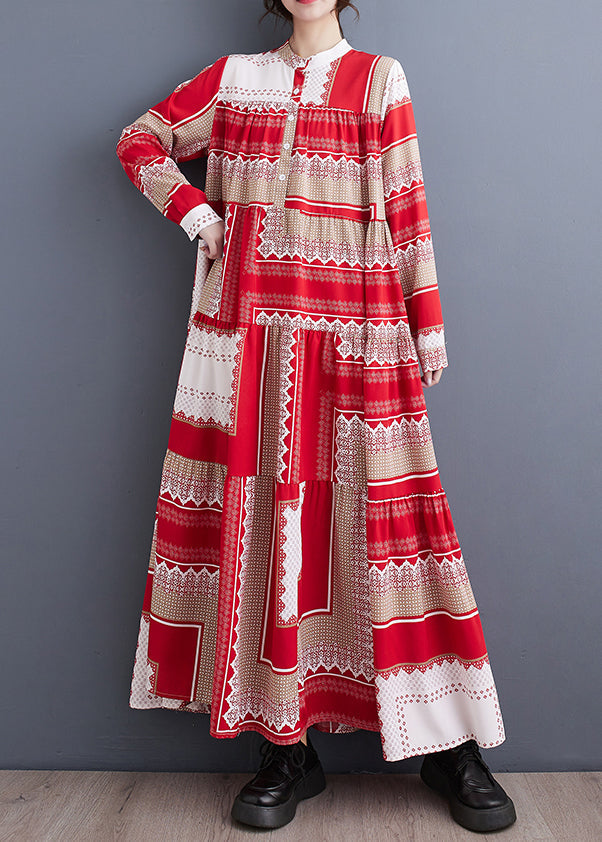 Colorblock Stand Collar Print Asymmetrical Patchwork Robe Dresses Spring
