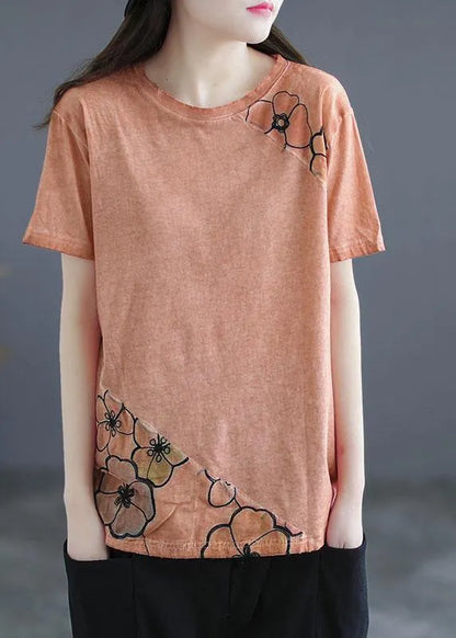 Blue O-neck Patchwork Print Summer Cotton Tees Short Sleeve