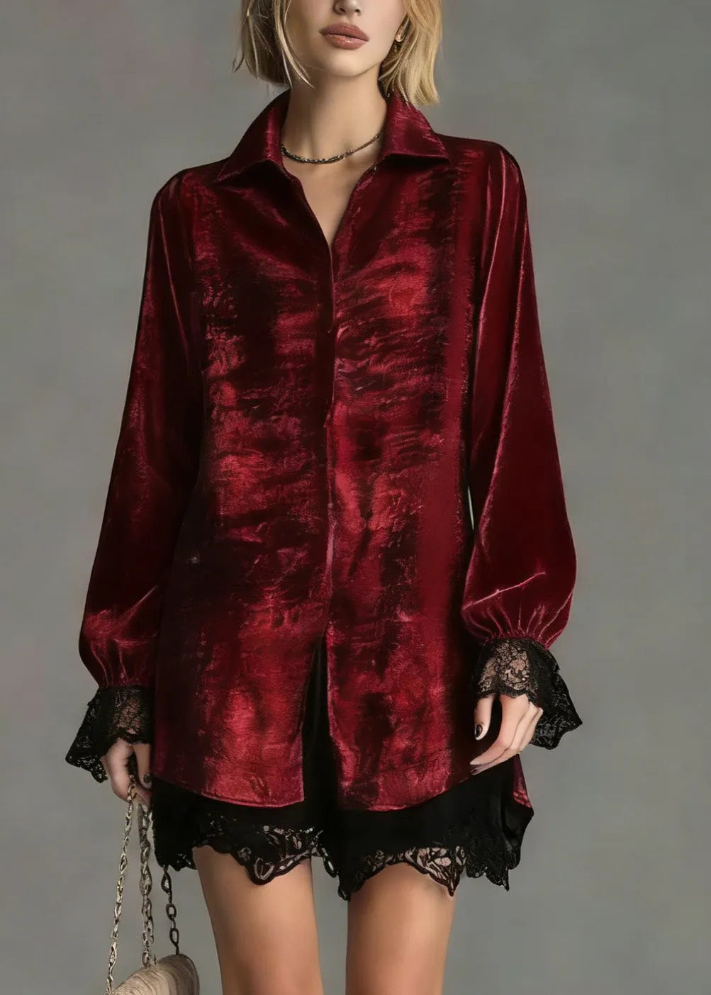 Red Peter Pan Collar Lace Patchwork Silk Shirt Top Spring