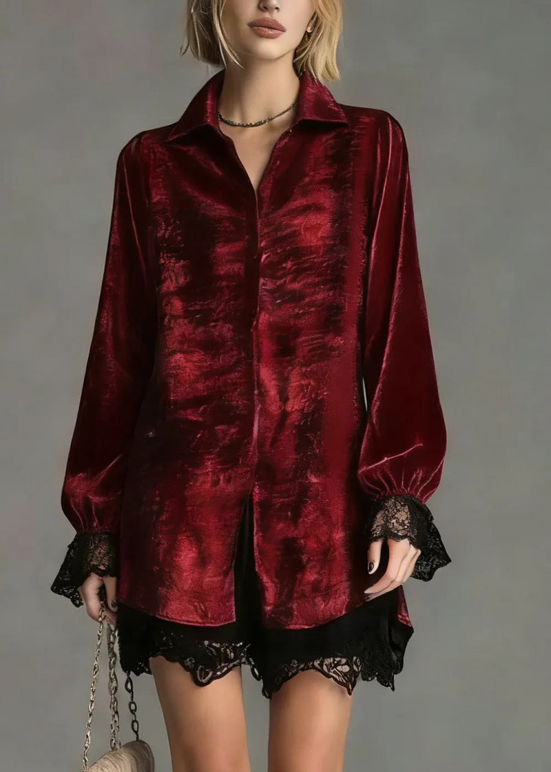 Red Peter Pan Collar Lace Patchwork Silk Shirt Top Spring