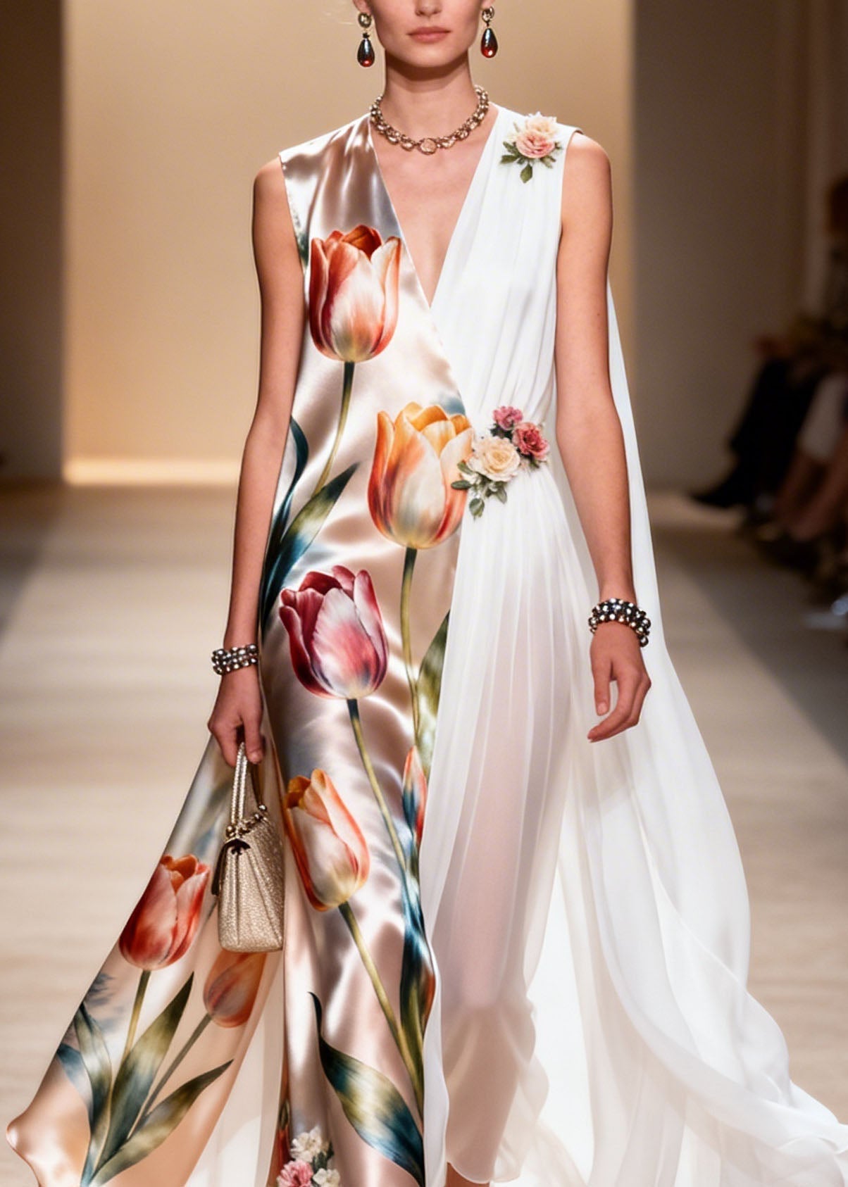 Natural V Neck Print Patchwork Chiffon Dresses Sleeveless