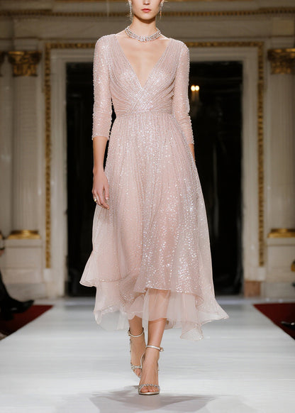Nude Sequins V Neck Tulle Vacation Dresses Summer
